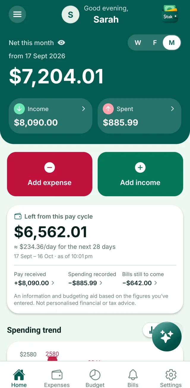 Stak’s pre-launch dashboard with income, spending, the amount left in a pay cycle and upcoming bills.