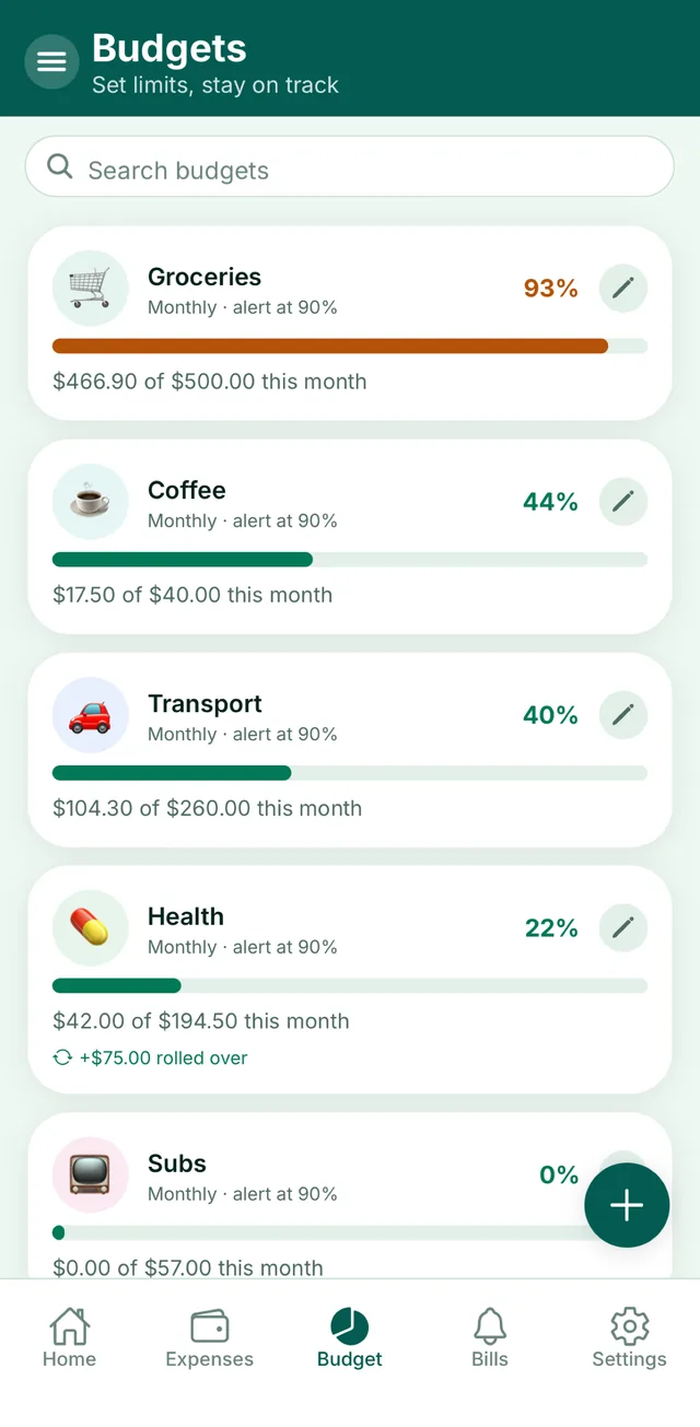 Stak budgets screen showing each category's progress against its limit