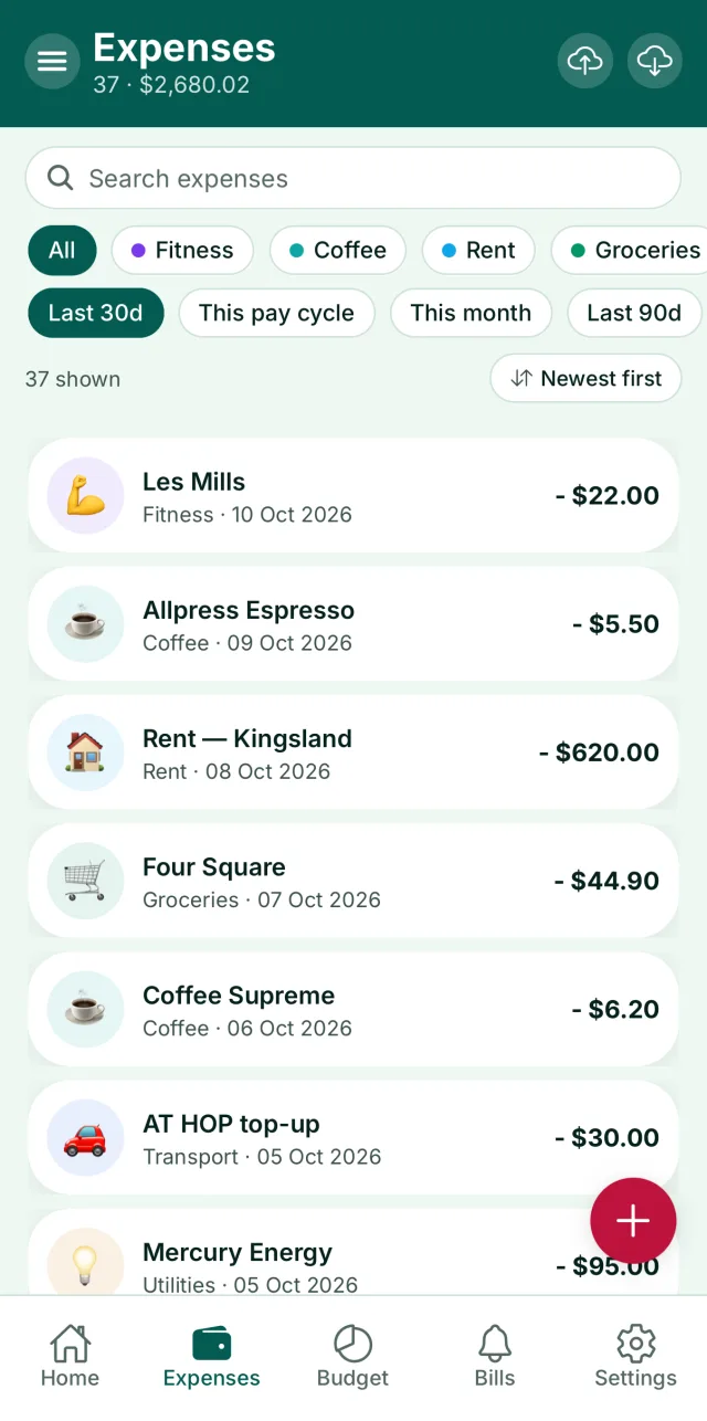 Stak expenses screen showing recent spending by category