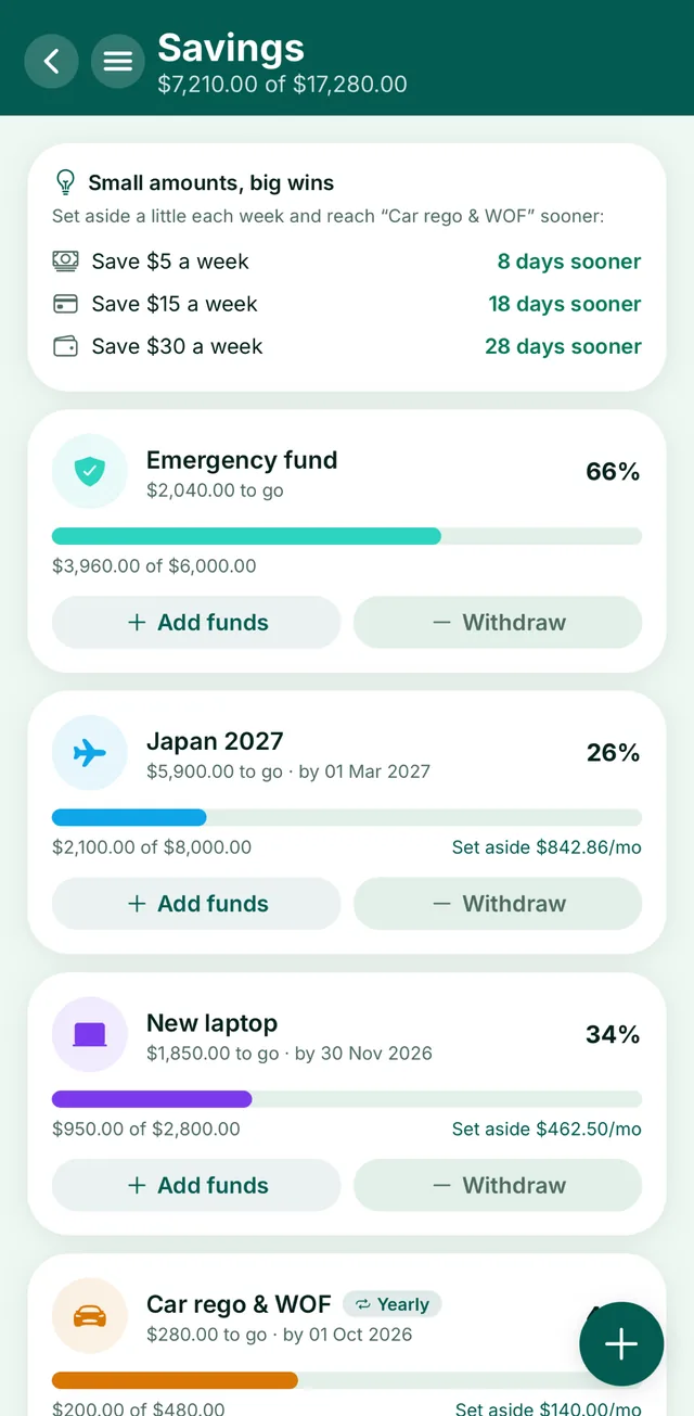 Stak savings screen showing progress towards an emergency fund and other goals