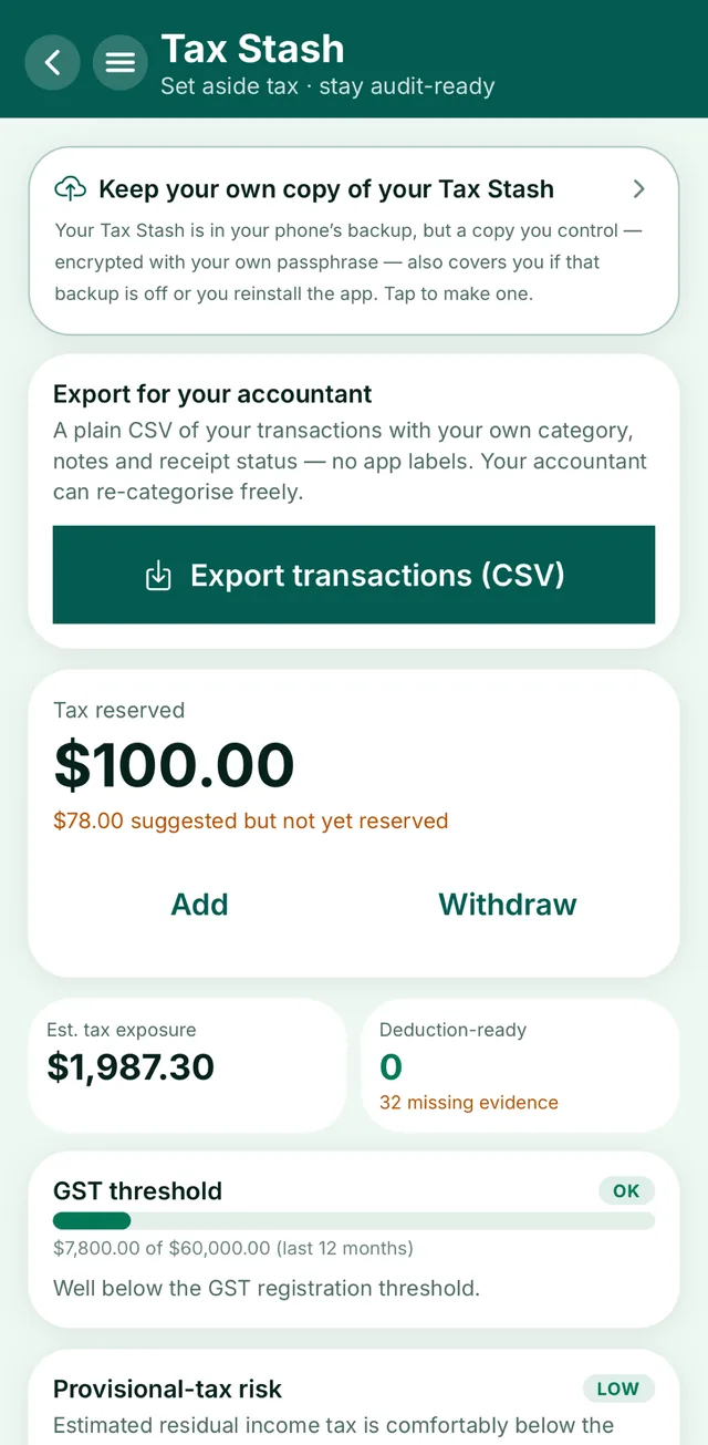 Stak Tax Stash screen showing money set aside for tax, GST threshold status and provisional-tax risk